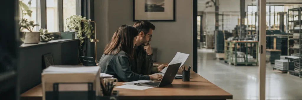 Dwie osoby omawiają dokument przy laptopie w biurze przy hali
