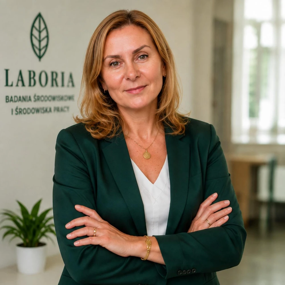 Kobieta w ciemnozielonej marynarce w pomieszczeniu laboratorium
